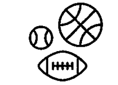 Drei Sportbälle (Basketball, Baseball, Football) als schwarz-weiße Umrisszeichnungen.